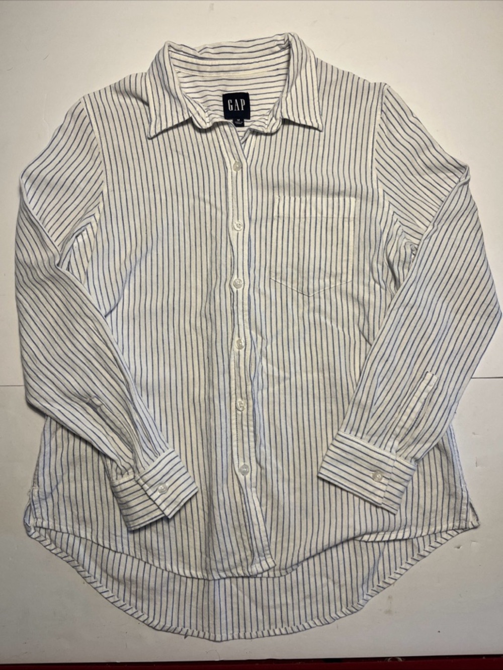 Gap The Easy Shirt Women’s Button Up Nautical Blue Stripes Linen Blend Sz Med